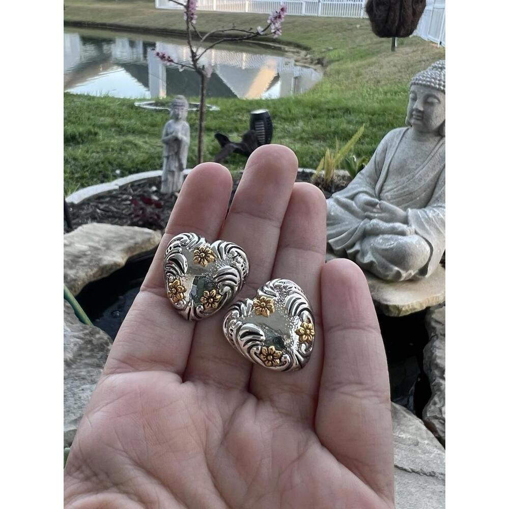 Vintage 1980s Statement Chunky Earrings Heart Stud Silver Tone Love Romantic